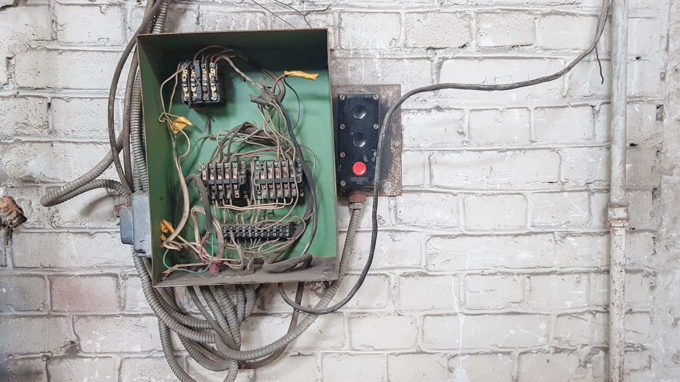 Old electrical panel on the wall of the house. Electric cables stick out from the electric panel on