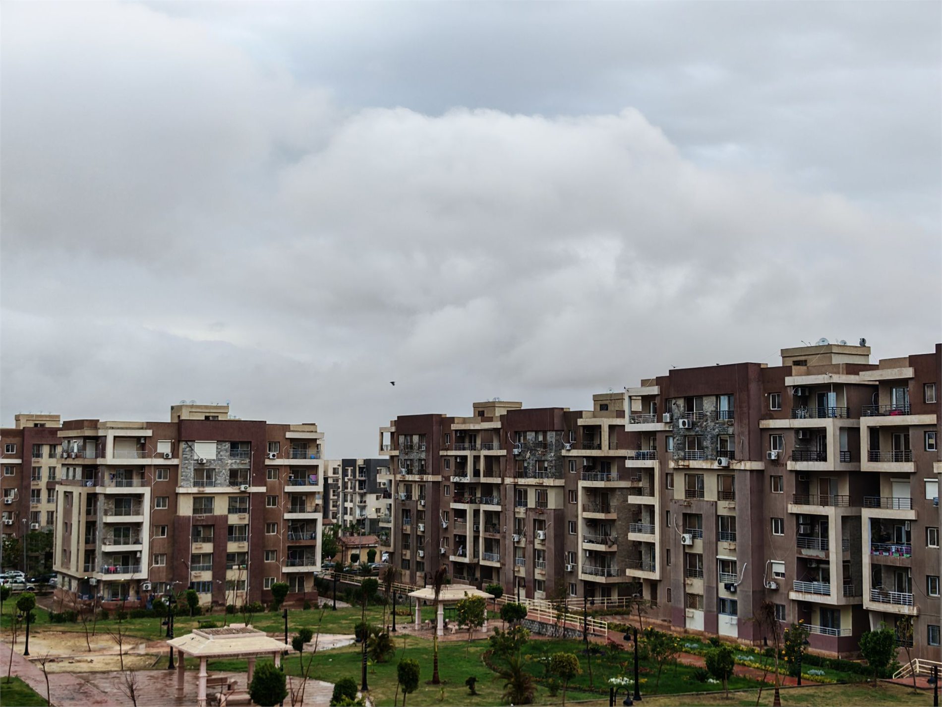 Modern multifamily apartment buildings with completed exterior systems