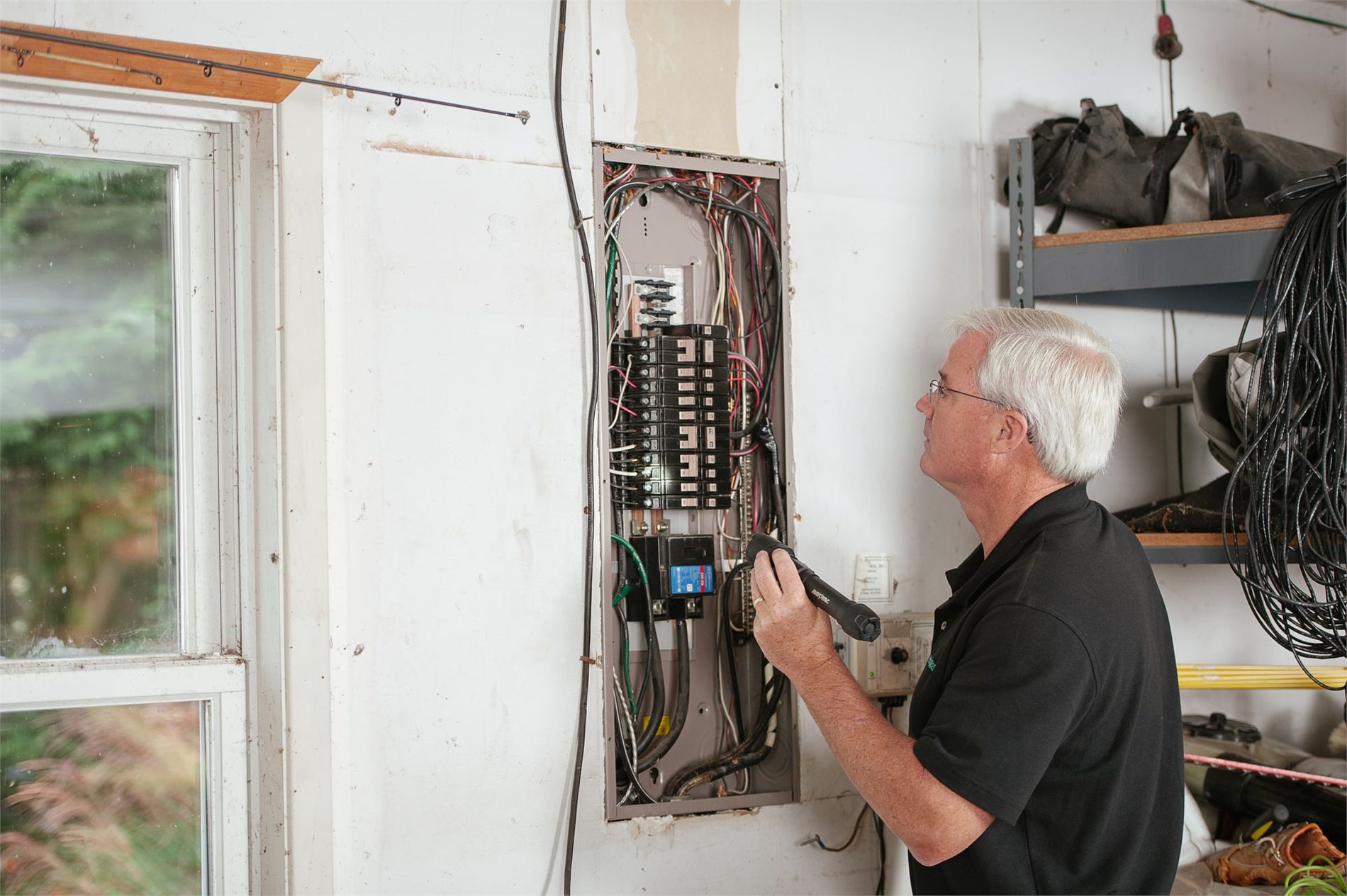 Electrician inspecting a residential circuit breaker panel