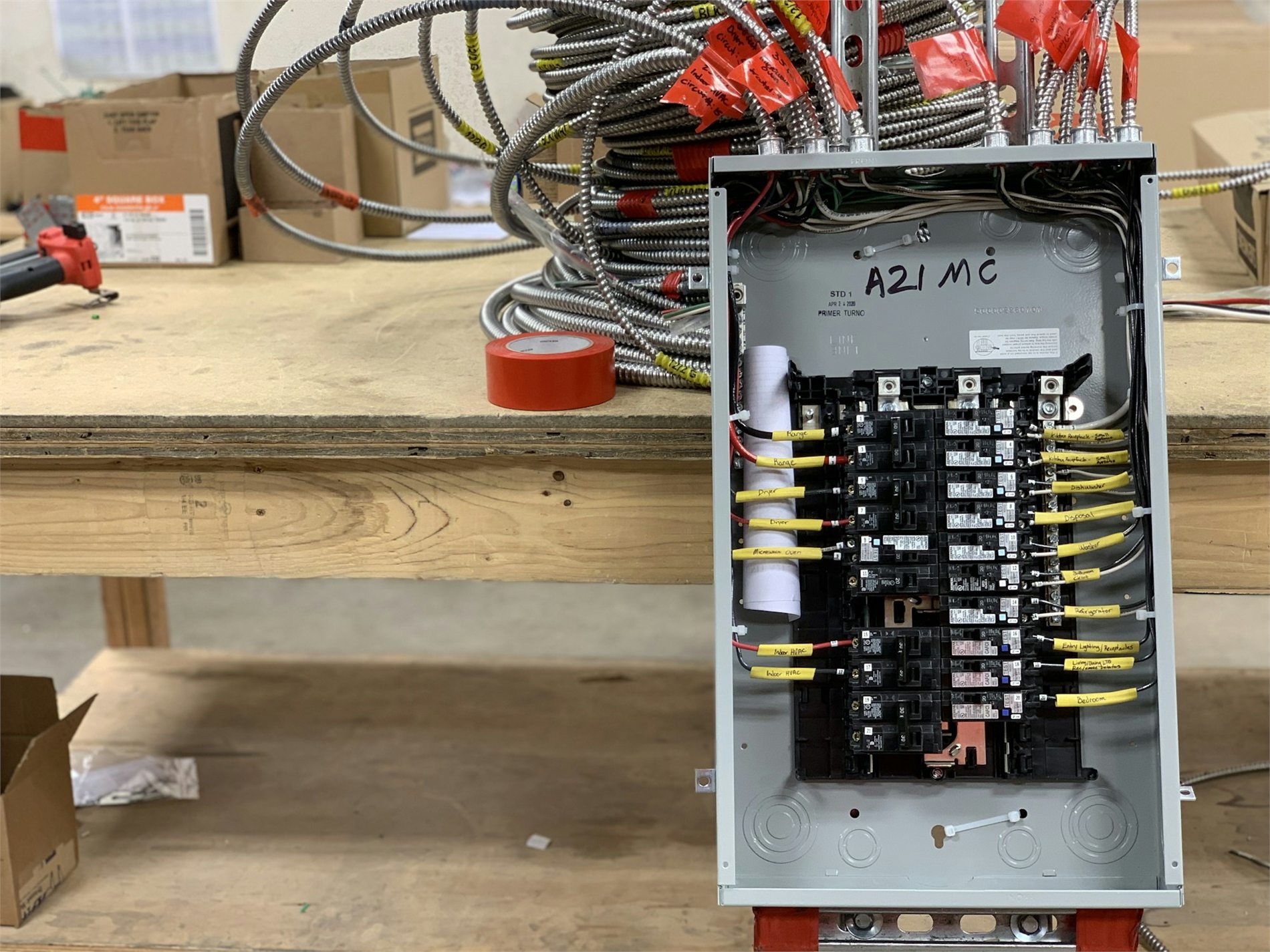New circuit breaker panel prepared with labeled branch wiring