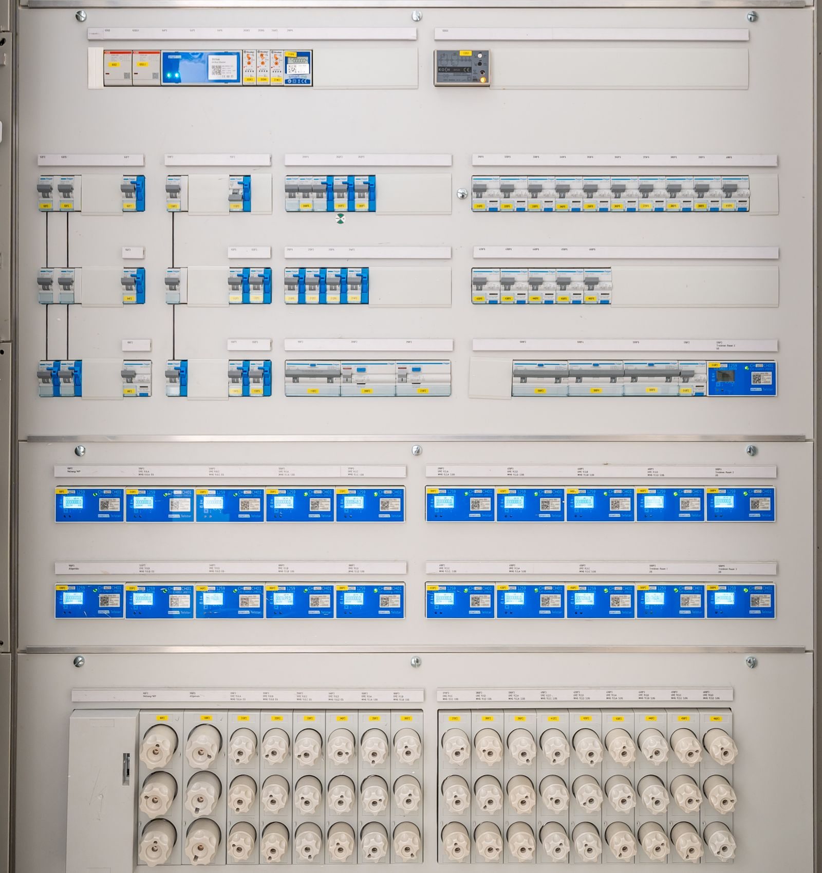 Facility power distribution panel with organized breakers and metering equipment