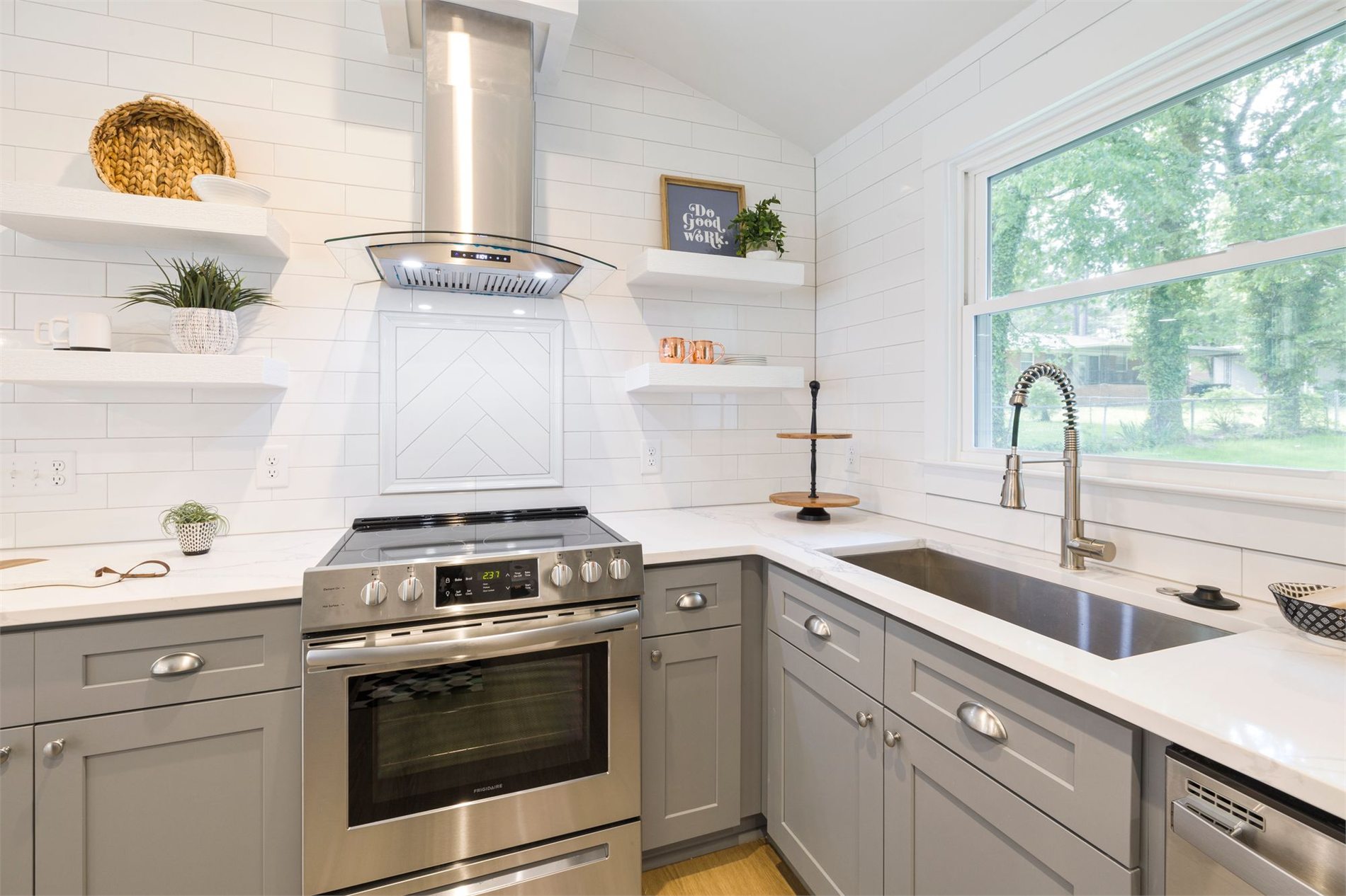 Modern residential kitchen with a freestanding electric range